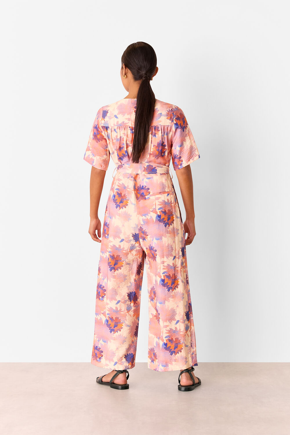 Pink Petite Floral Button Front Jumpsuit