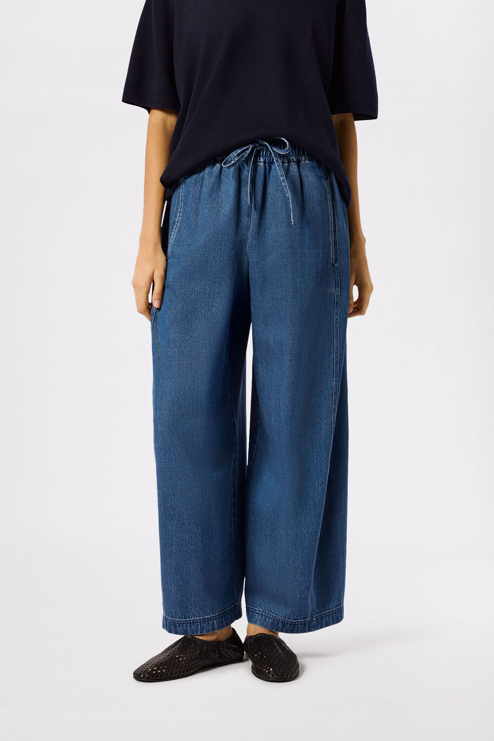 Blue Denim Casual Drawstring Barrel Trouser