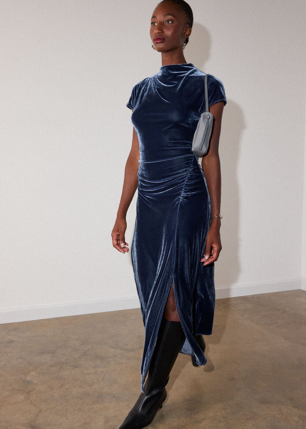 Navy Velvet Ruched Midi Dress