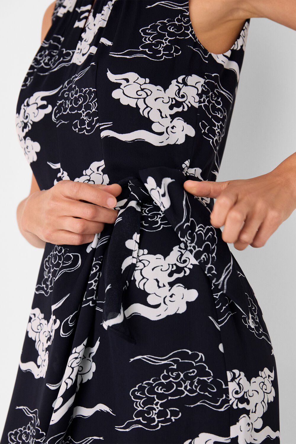 Navy Cloud Tie Waist Midi Dress