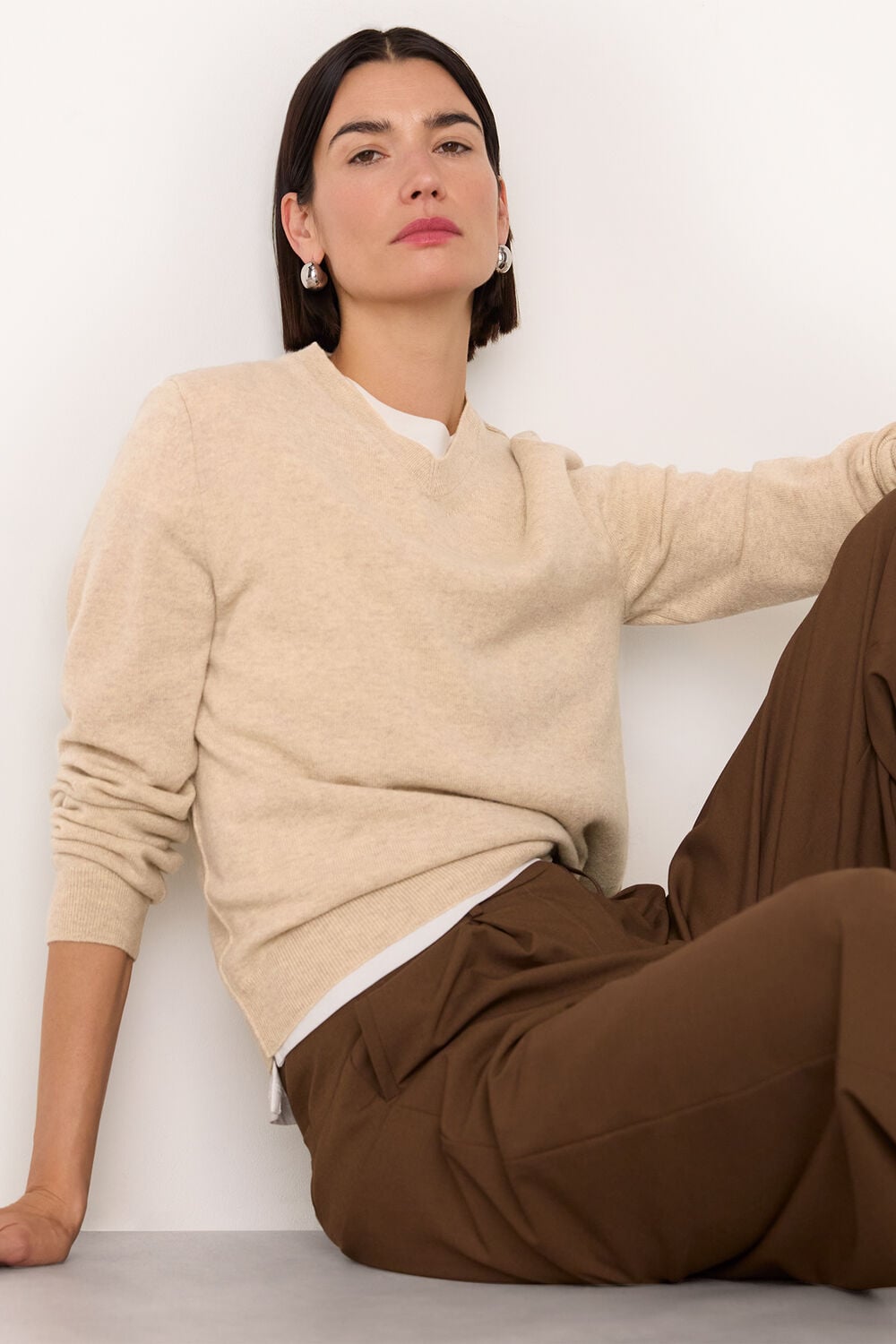 Oatmeal Wool V Neck Knit