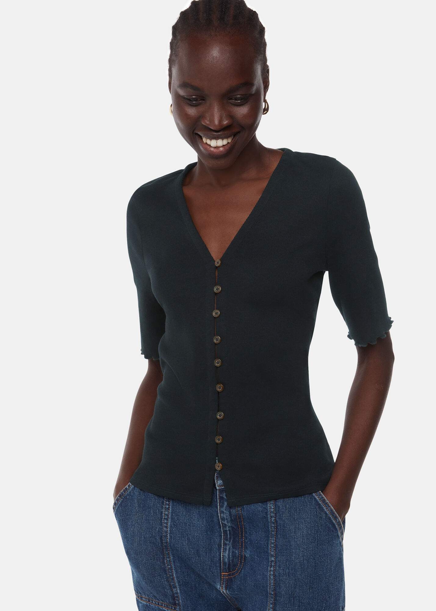 Black Frill Sleeve Button Front Tee | WHISTLES | Whistles UK |