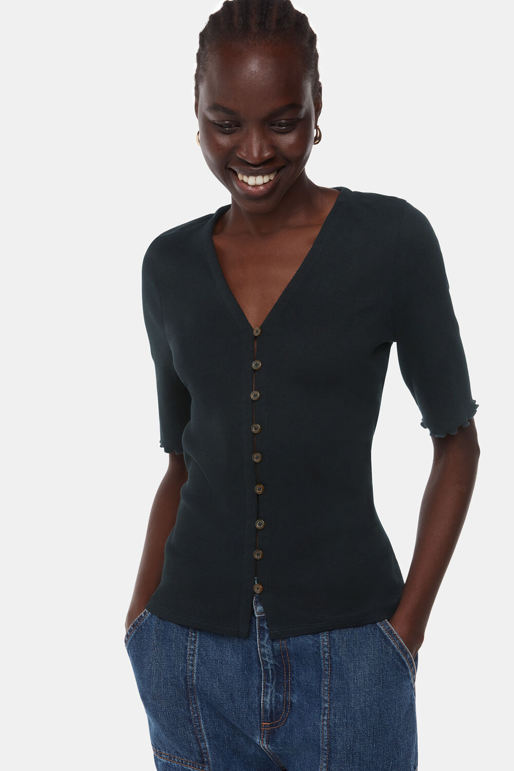 Frill Sleeve Button Front Tee