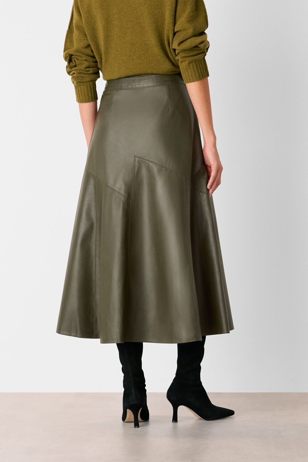 Khaki Zig Zag Panel Leather Skirt
