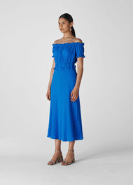 Floren Shirred Bardot Dress Blue