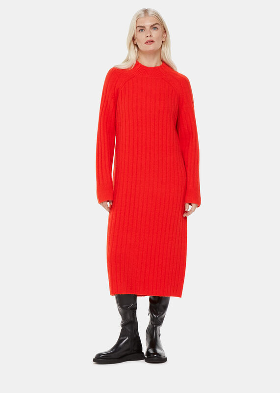 Red Petite Ribbed Knitted Midi Dress