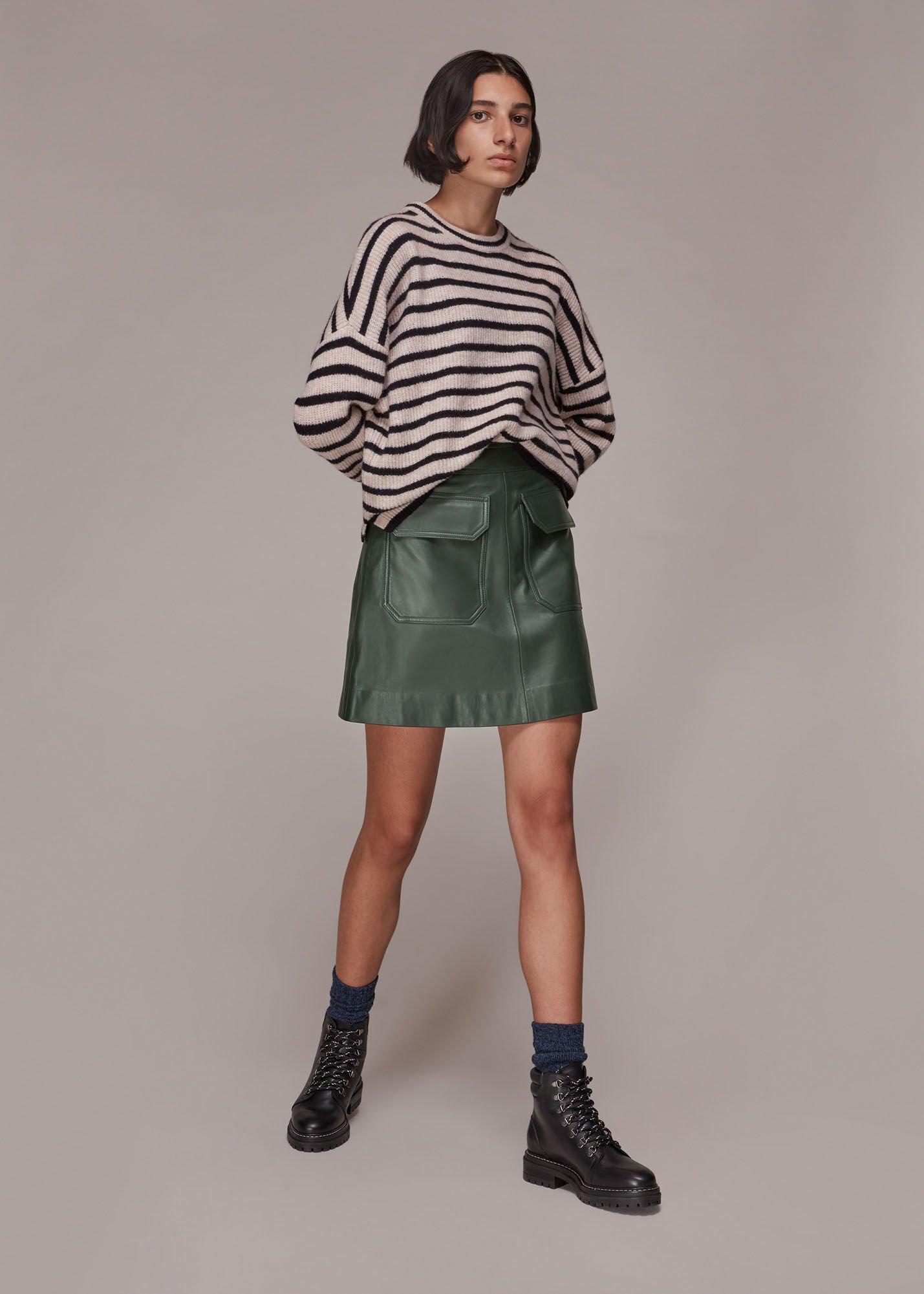 Dark Green Military Leather Pocket Skirt WHISTLES