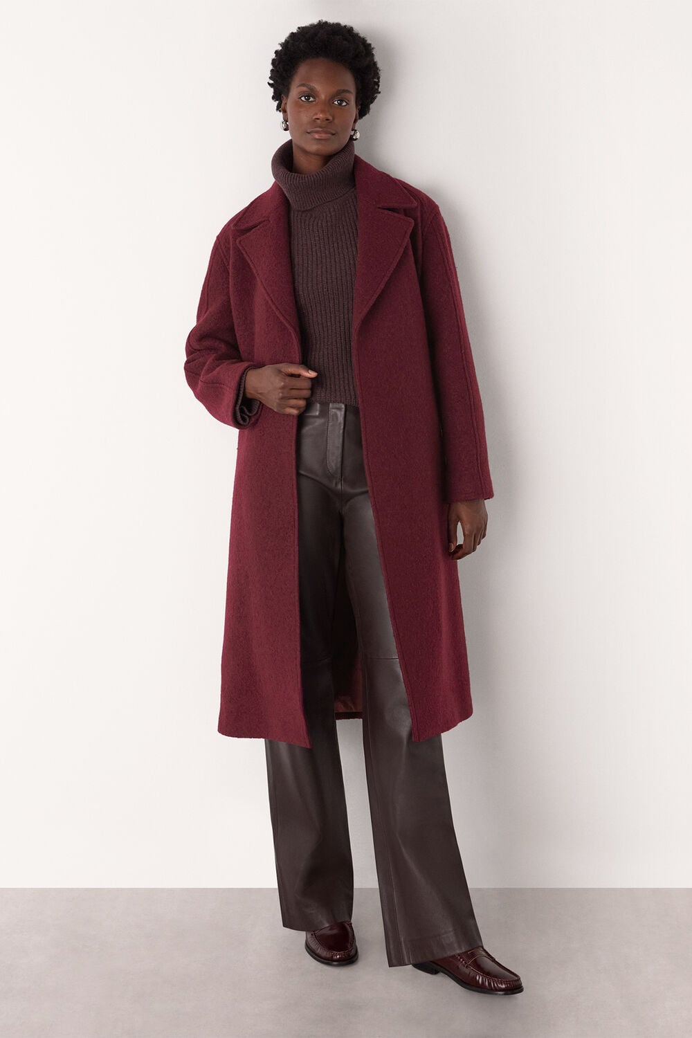 Burgundy Long Belted Wool Coat
