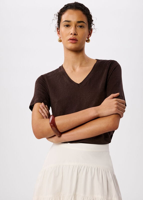 Brown Linen V Neck T-Shirt