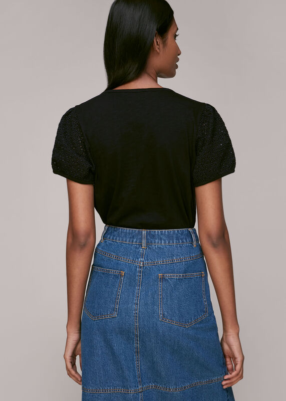 Black Broderie Puff Sleeve T-Shirt