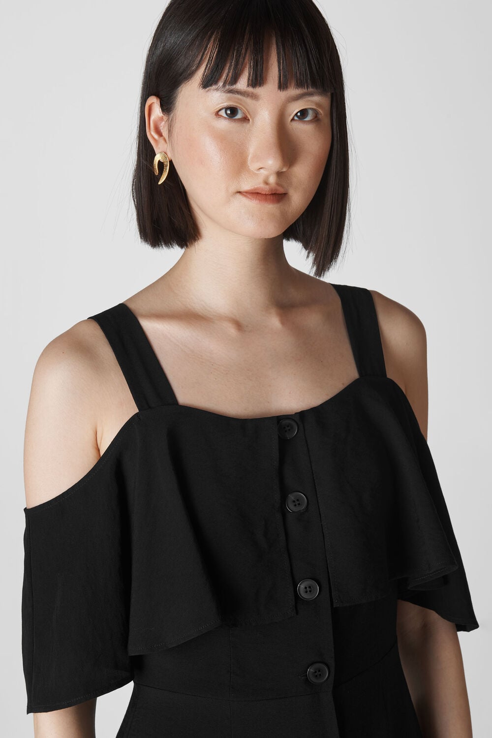 Frill Button Midi Dress Black