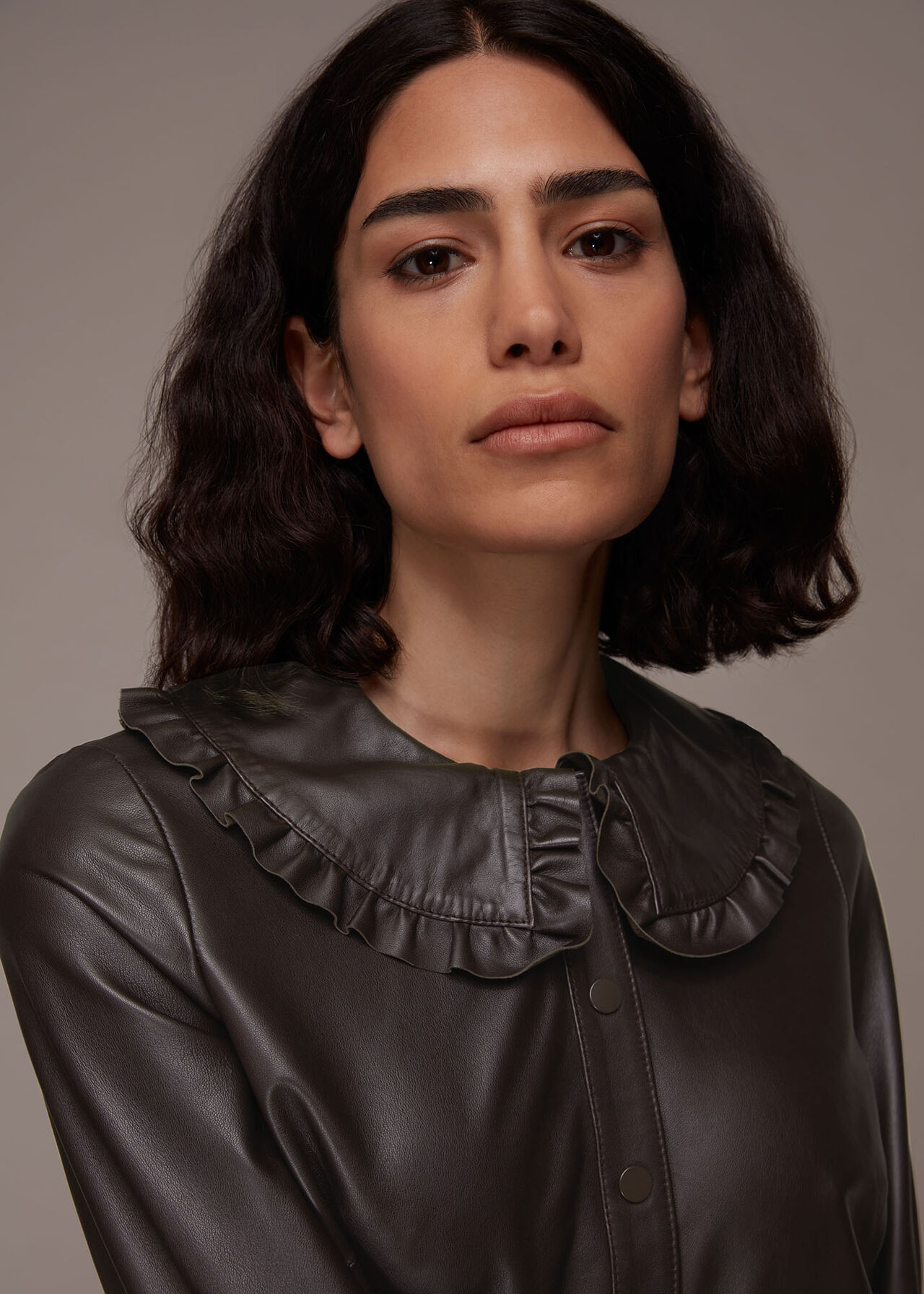 Chocolate Frill Collar Leather Shirt | WHISTLES