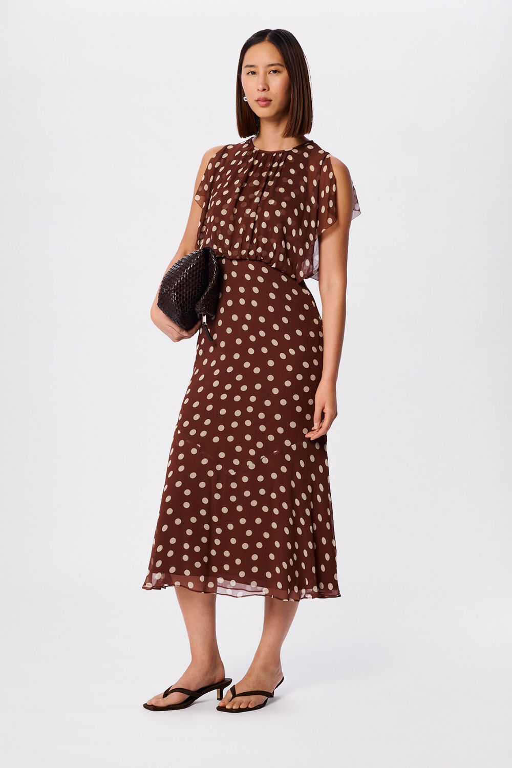 Brown Polka Dot Print Midi Dress