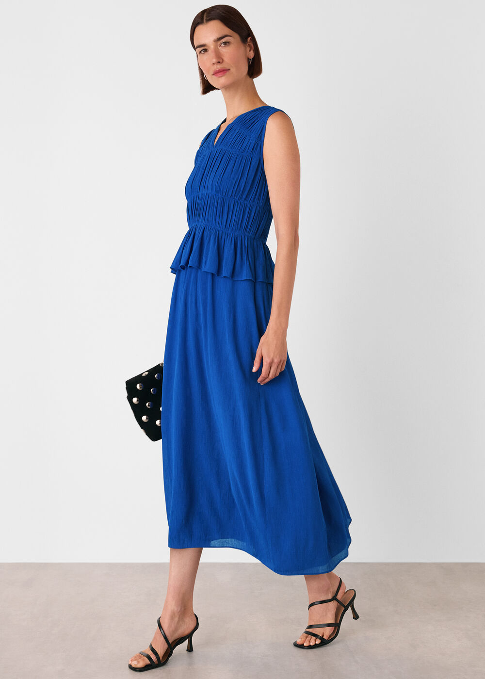 Shirred V Neck Midi Dress