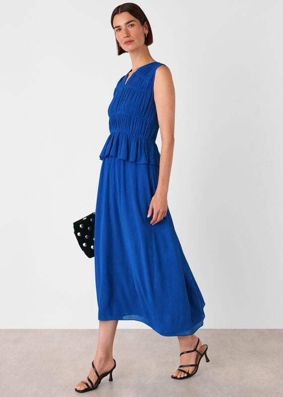 Cobalt Blue Shirred V Neck Midi Dress