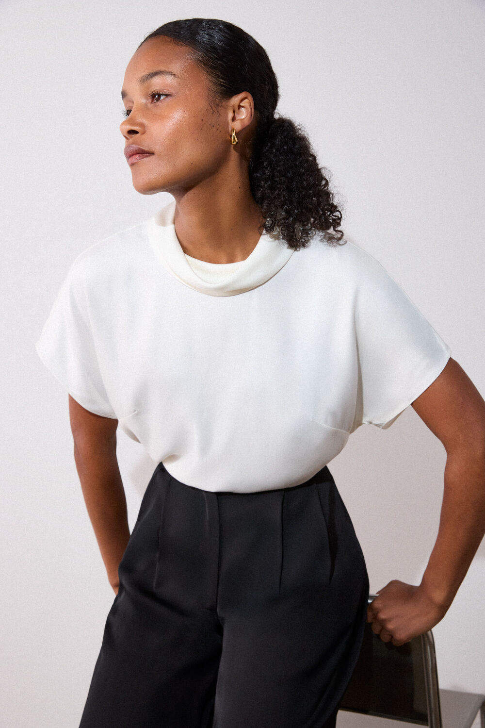 Ivory Cowl Neck Short Sleeve Blouse
