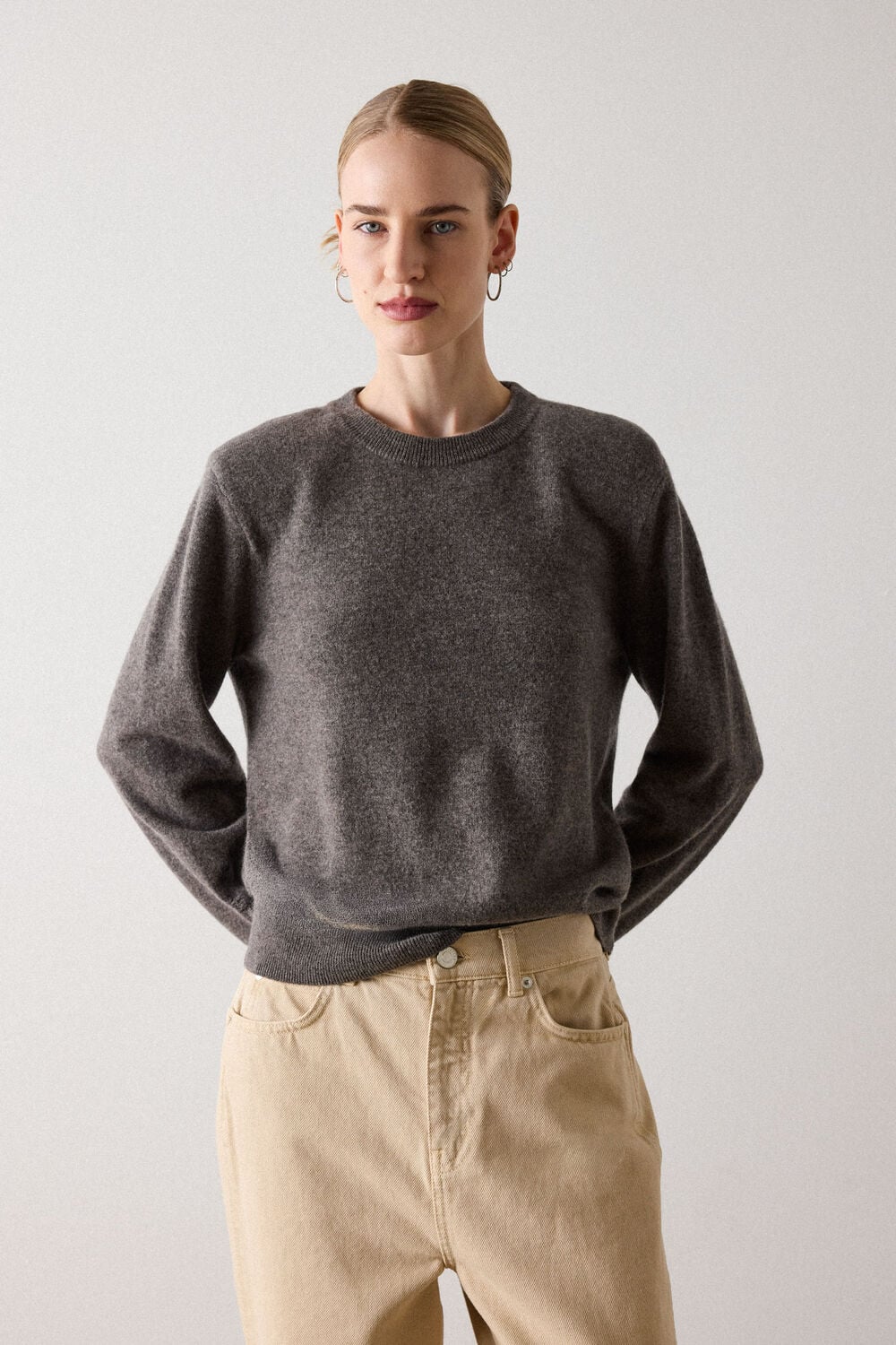 Neutral Bold Shoulder Crew Neck Knit