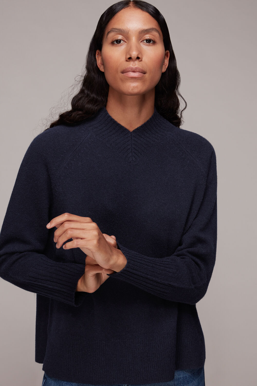 Navy High V Neck Knit