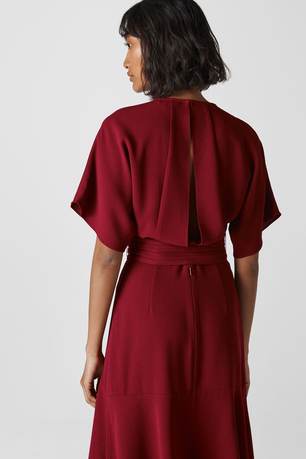 Textured Belted Midi Dress Burgundy