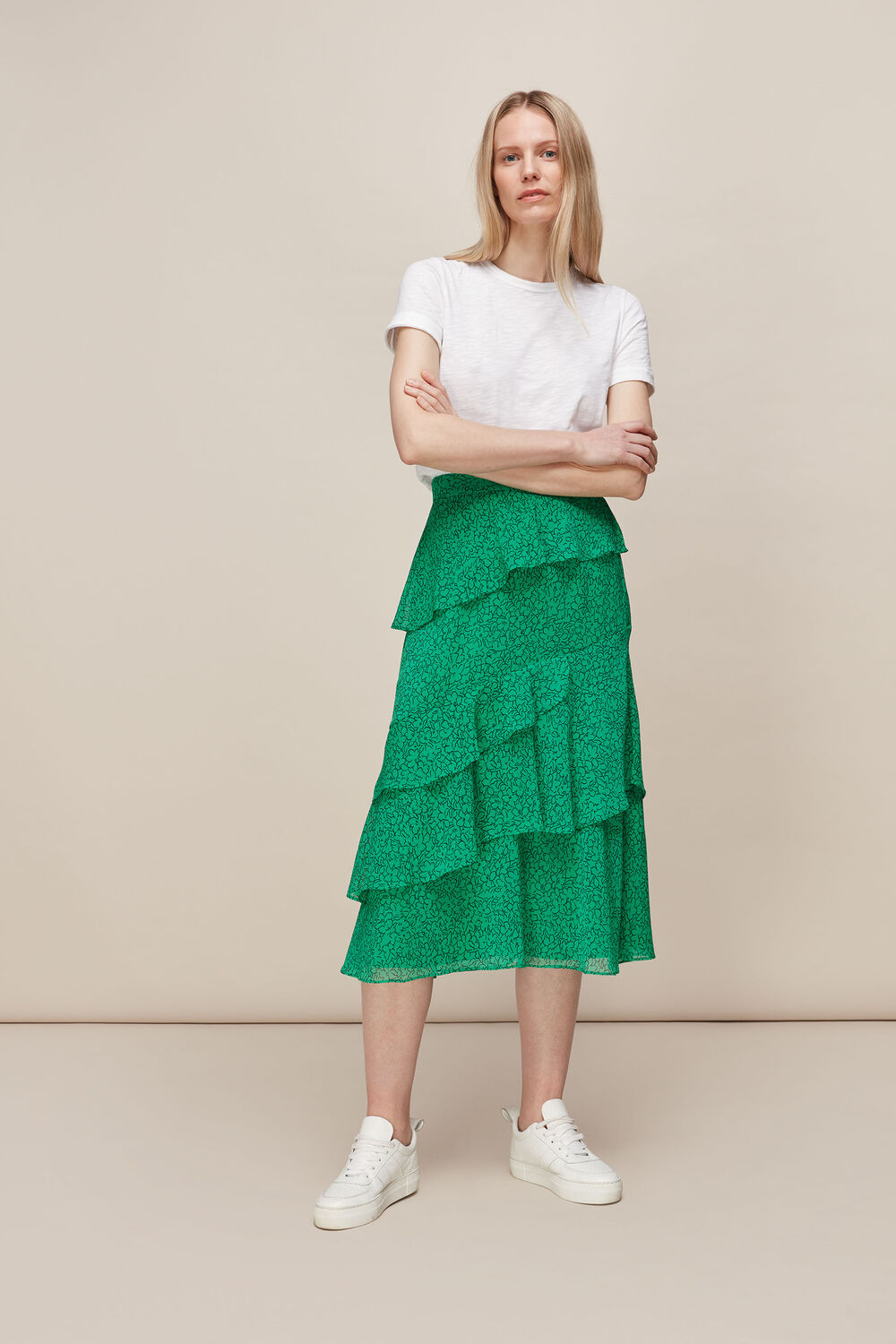 Sketched Floral Tiered Skirt Green/Multi