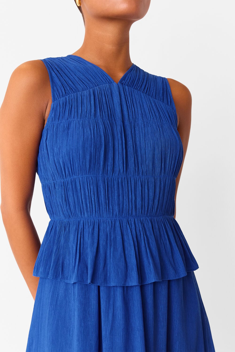 Cobalt Blue Petite Shirred V Neck Midi Dress
