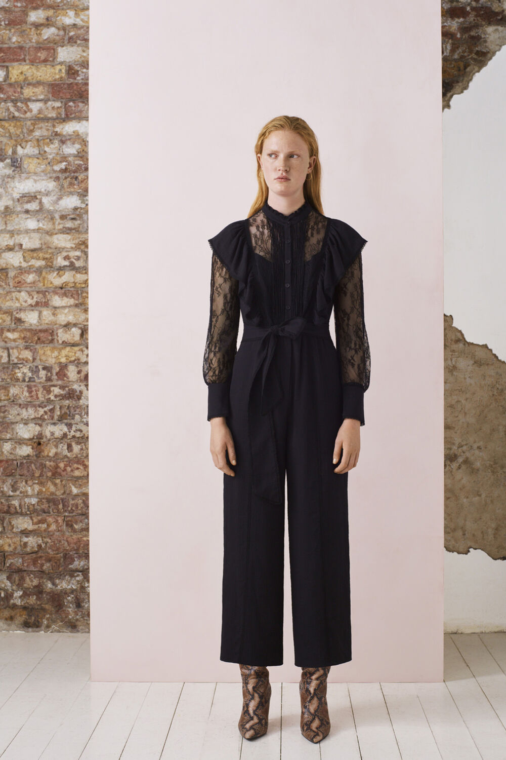 Mixed Lace Frill Jumpsuit Black