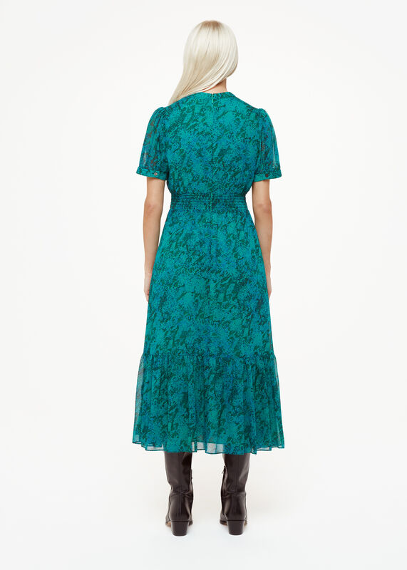 Teal Petite Diagonal Snake Shirred Dress