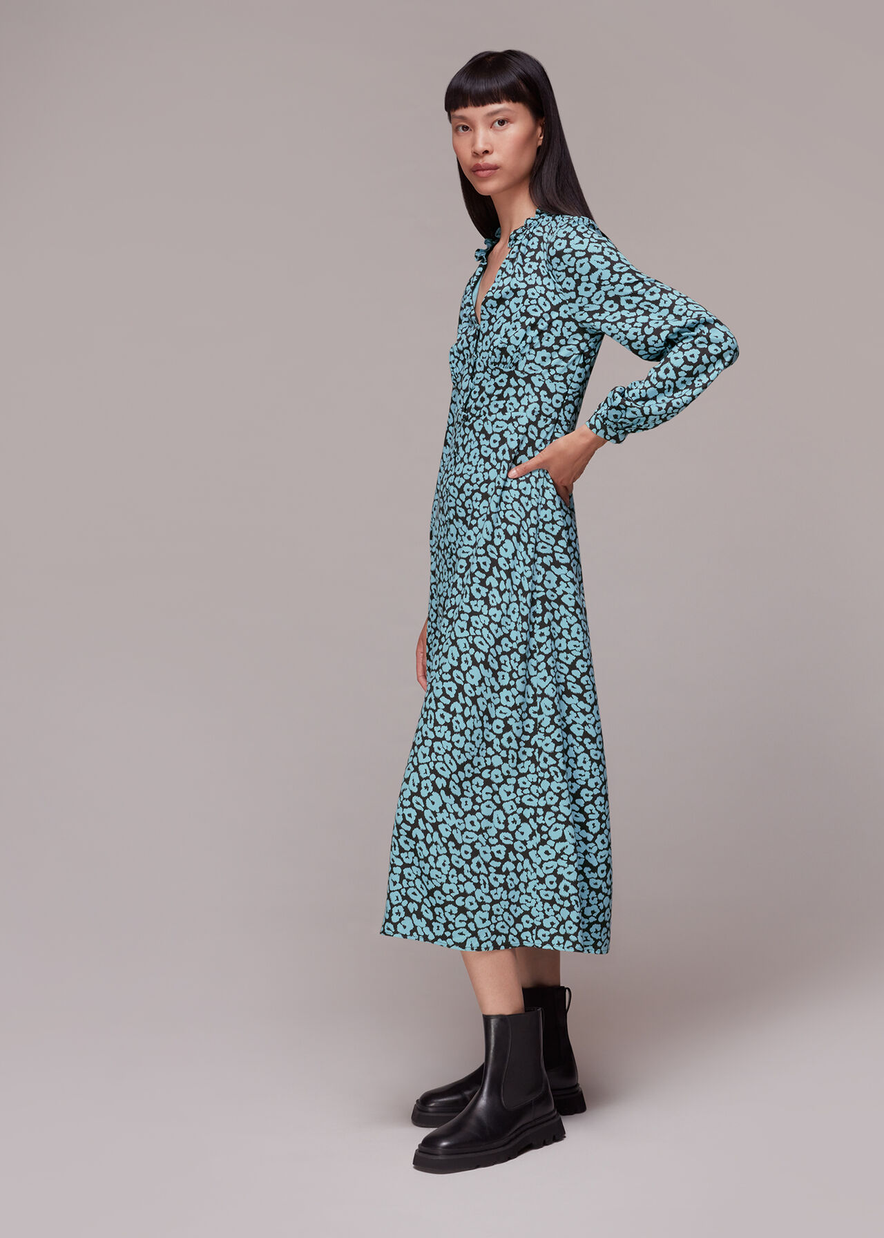 Blue/Multi Fuzzy Leopard Midi Dress | WHISTLES | Whistles UK