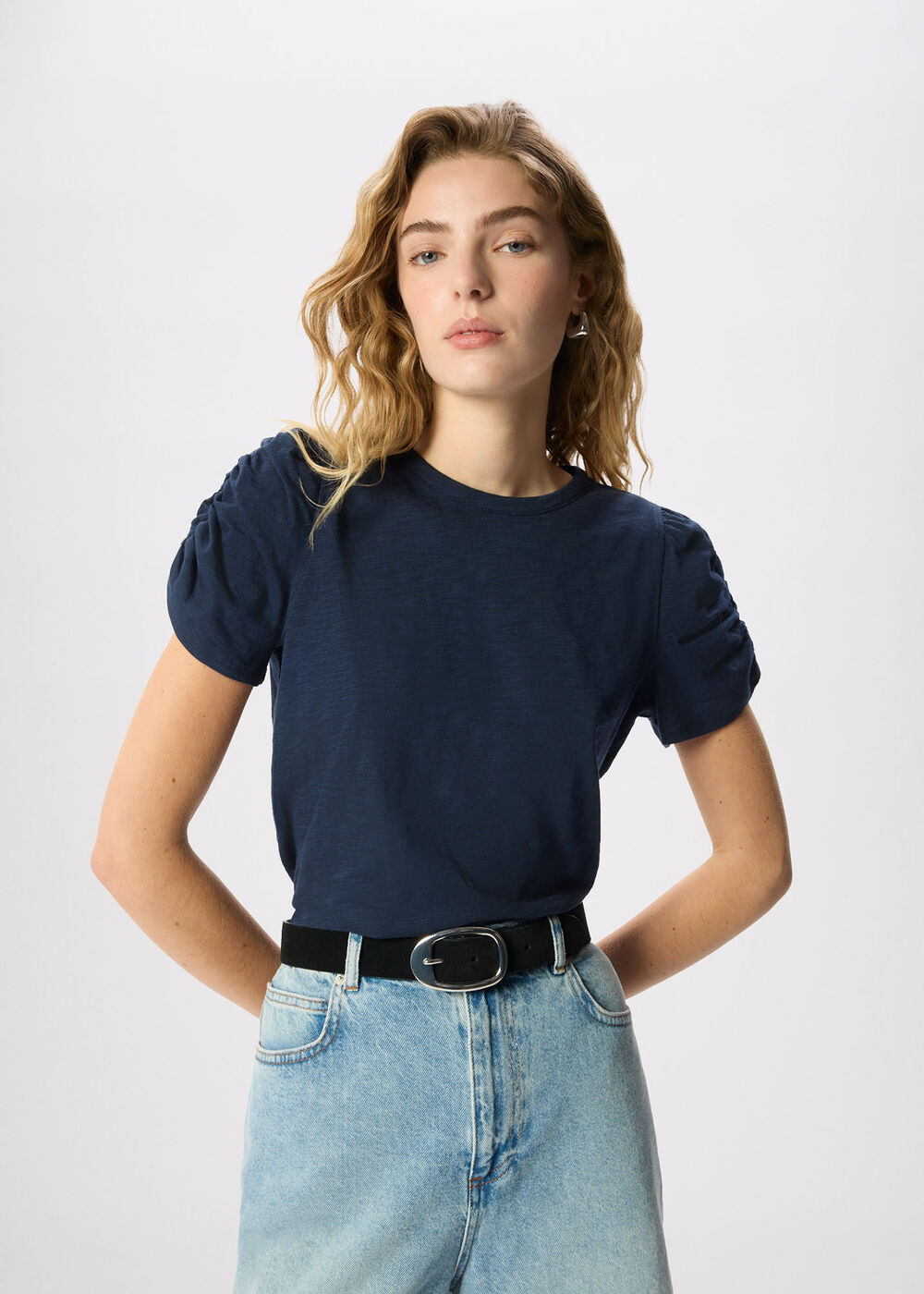 Round Neck Gathered Sleeve Tee