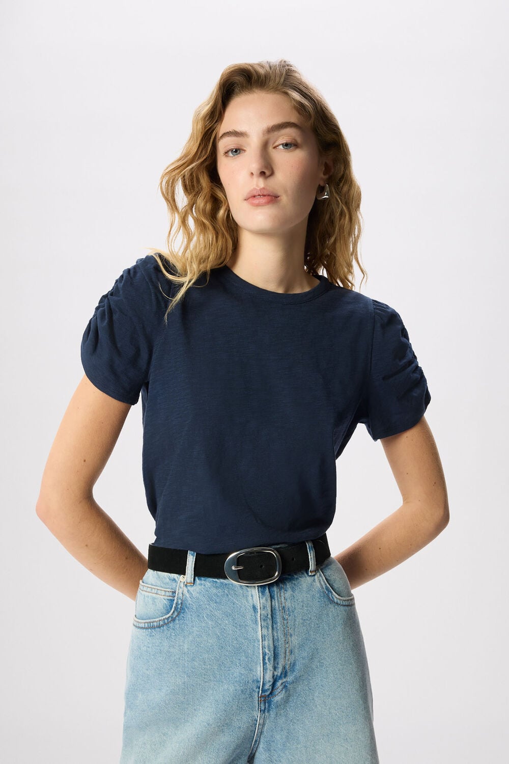 Navy Round Neck Gathered Sleeve Tee