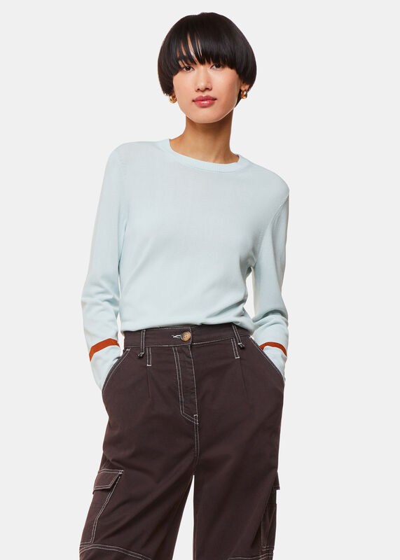 Pale Blue Stripe Sleeve Detail Crew