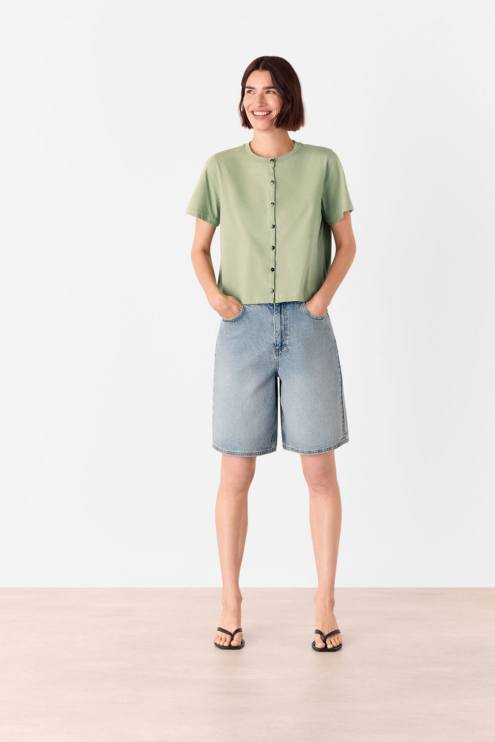 Sage Green Round Neck Button Up Tee