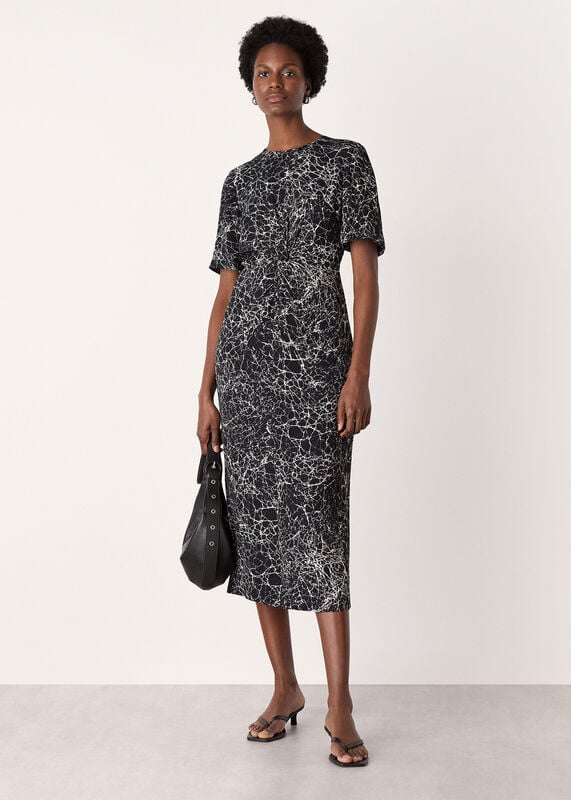 Navy Crackle Print Twist Midi Dress