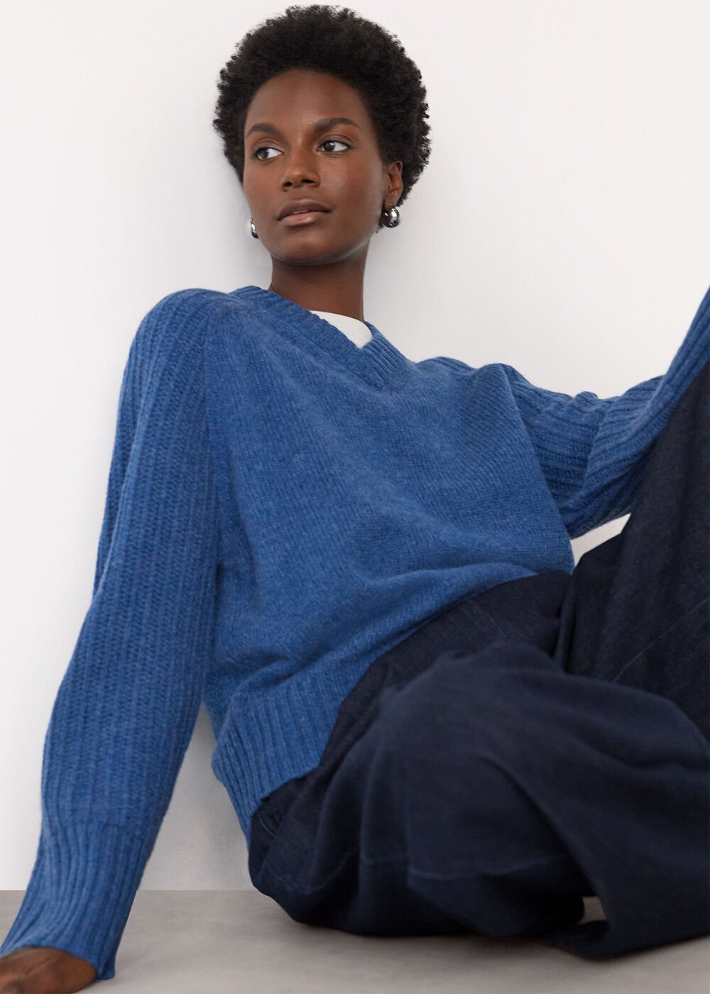Wool Ribbed Sleeve V Neck Knit