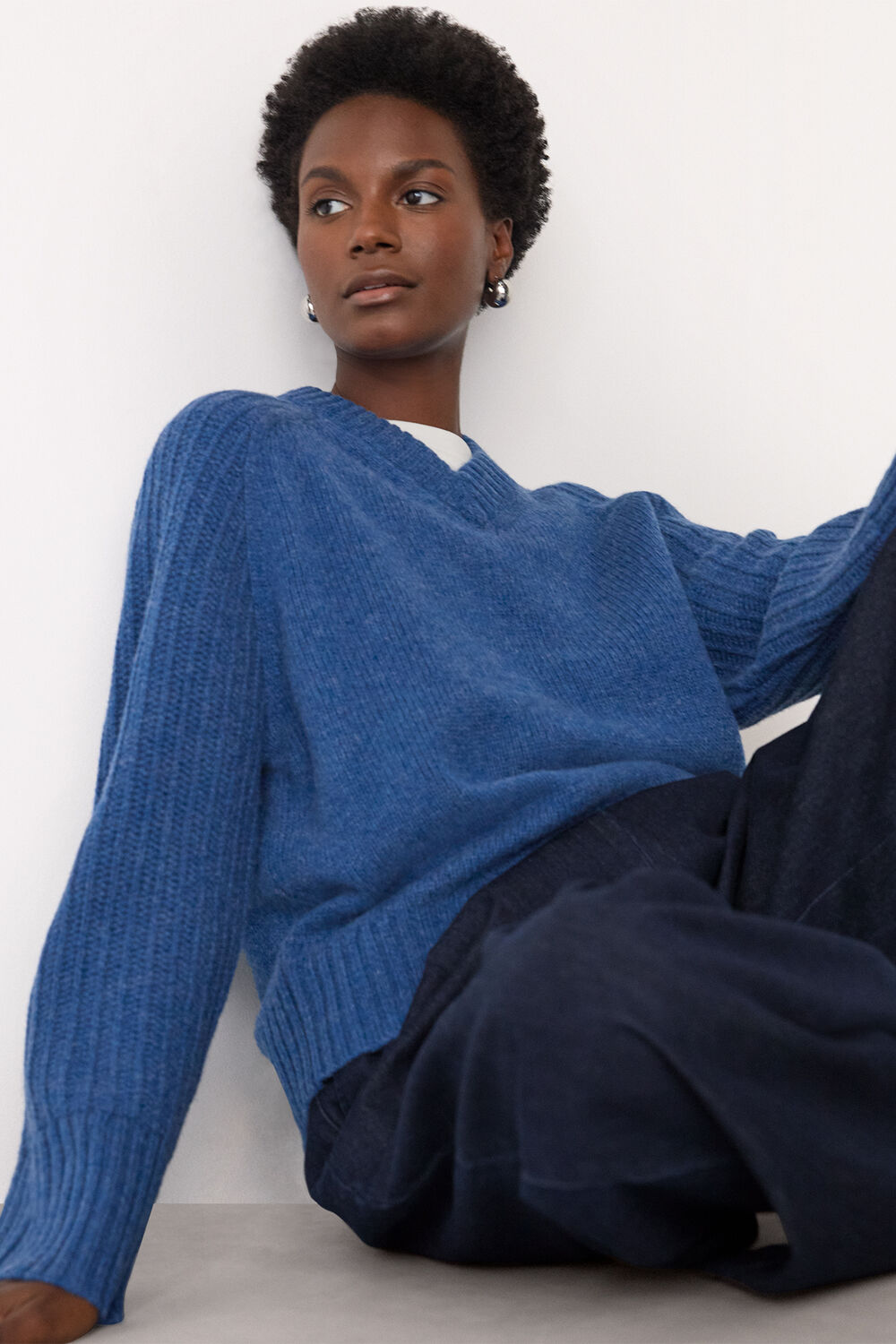 Wool Ribbed Sleeve V Neck Knit