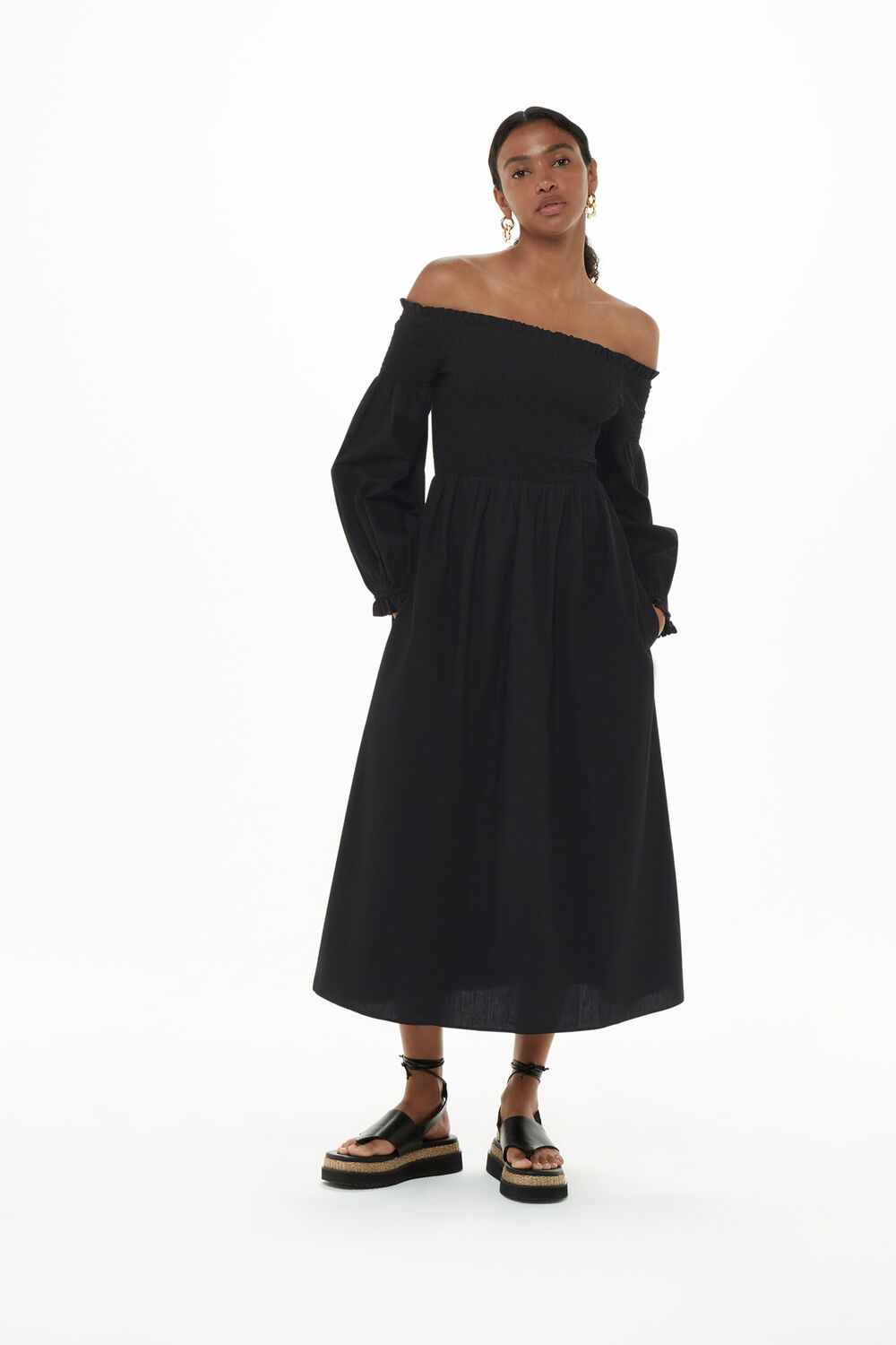 Black Clara Bardot Poplin Dress