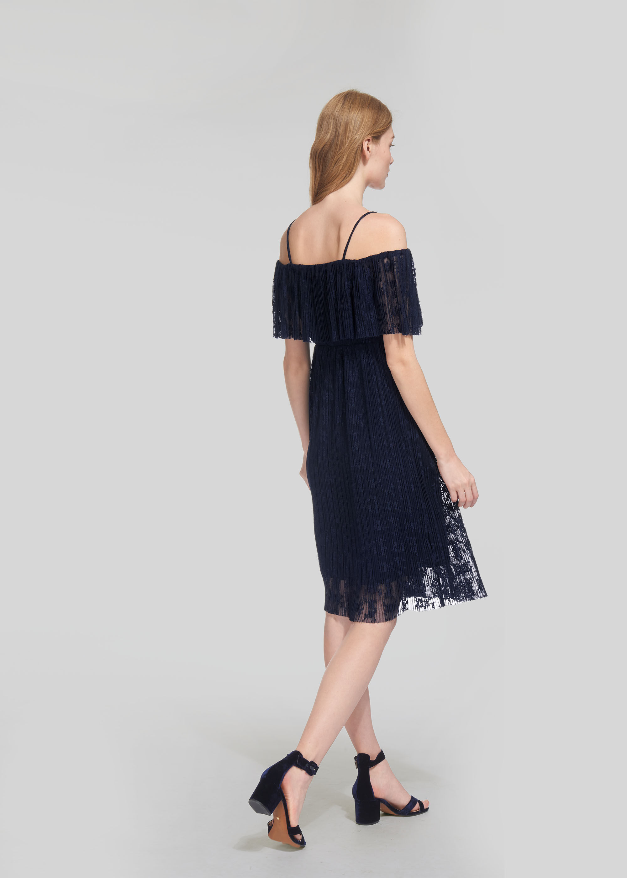 Off Shoulder Pleated Dress Navy WHISTLES