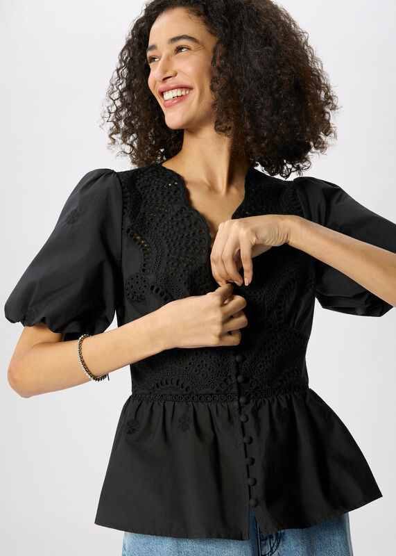 Black Cotton Broderie V Neck Blouse