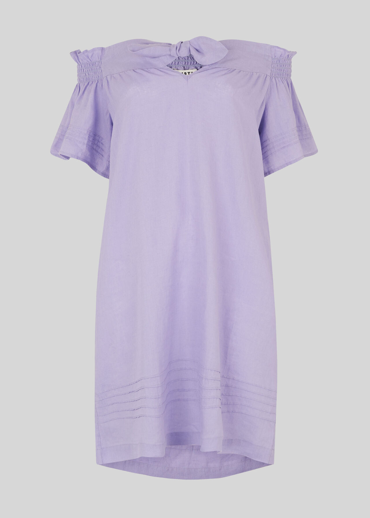 Linen Tie Front Bardot Dress Lilac