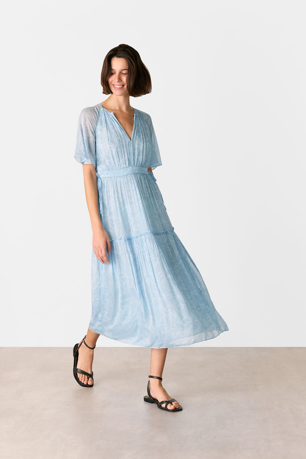 Blue Bamboo Leaves Gathered Dress
