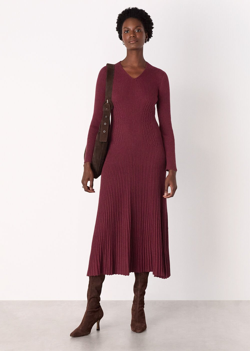 V Neck Cable Ribbed Knit Dress