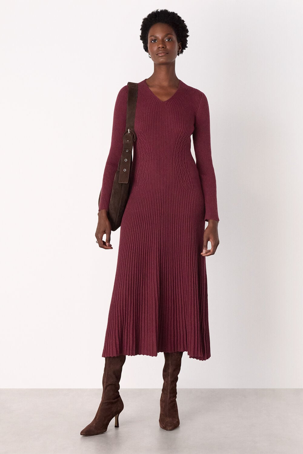 Burgundy V Neck Cable Ribbed Knit Dress