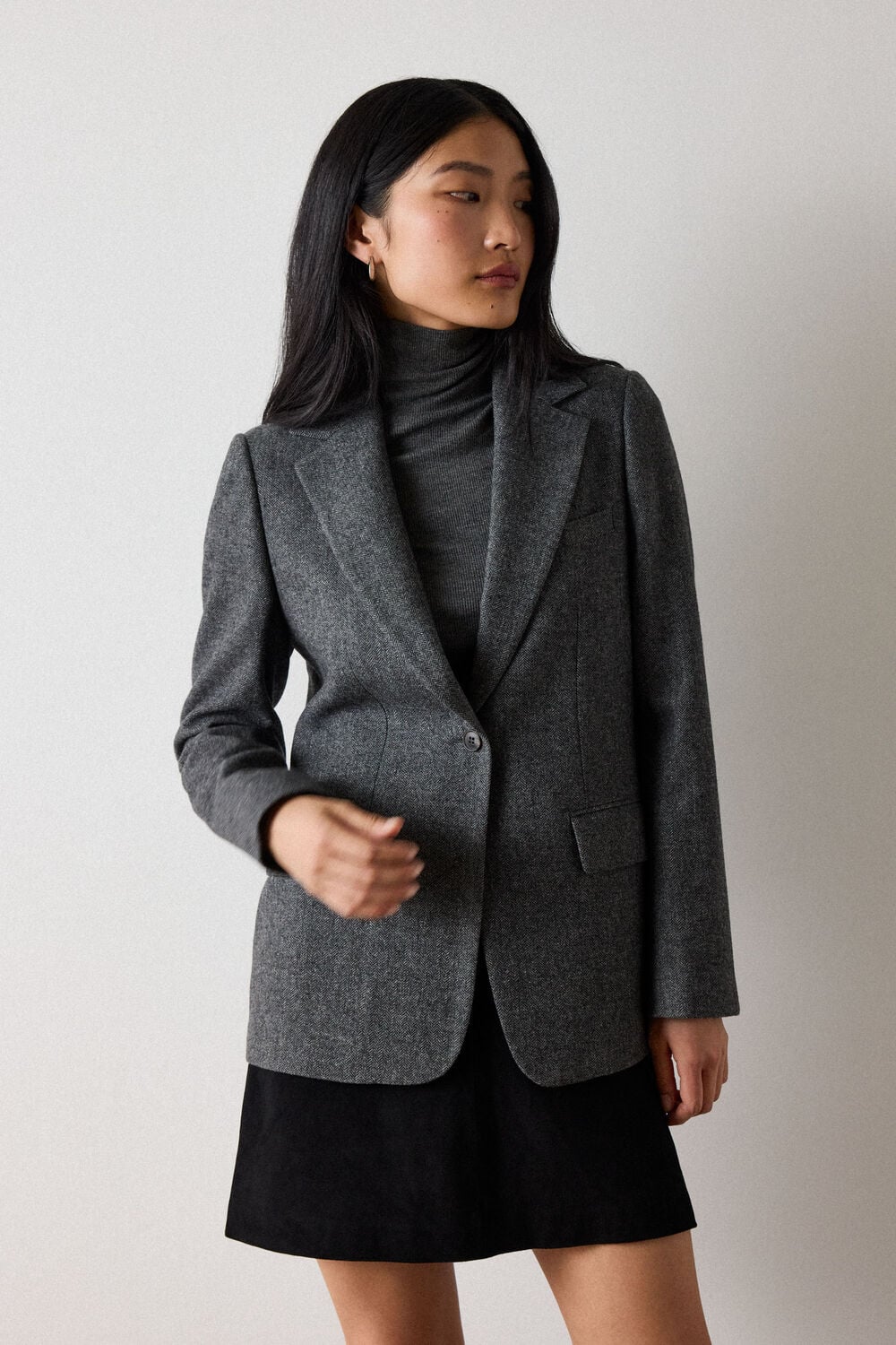Grey Petite Herringbone Wool Blend Blazer
