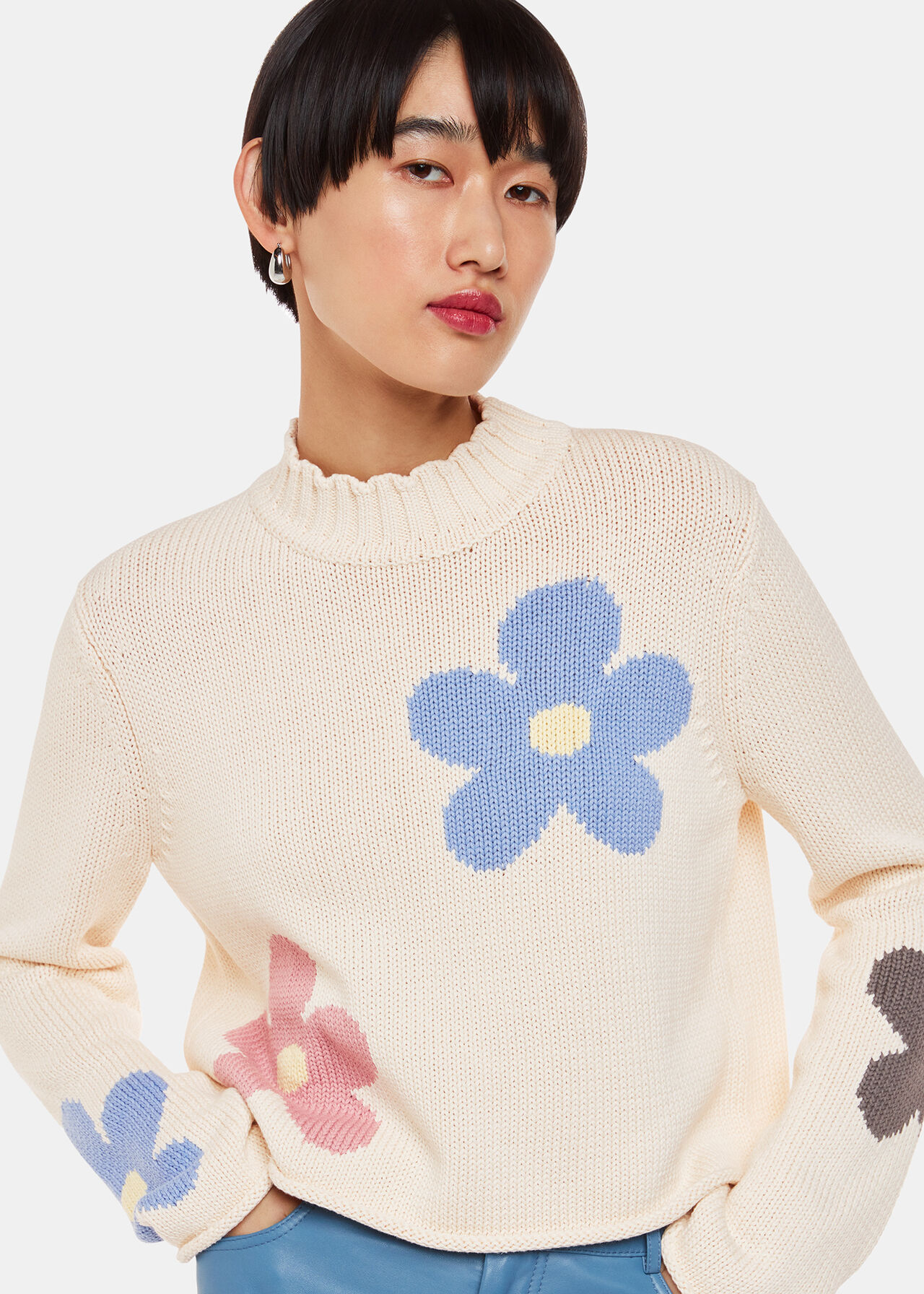 Ivory/Multi Flower Intarsia Cropped Knit | WHISTLES | Whistles UK