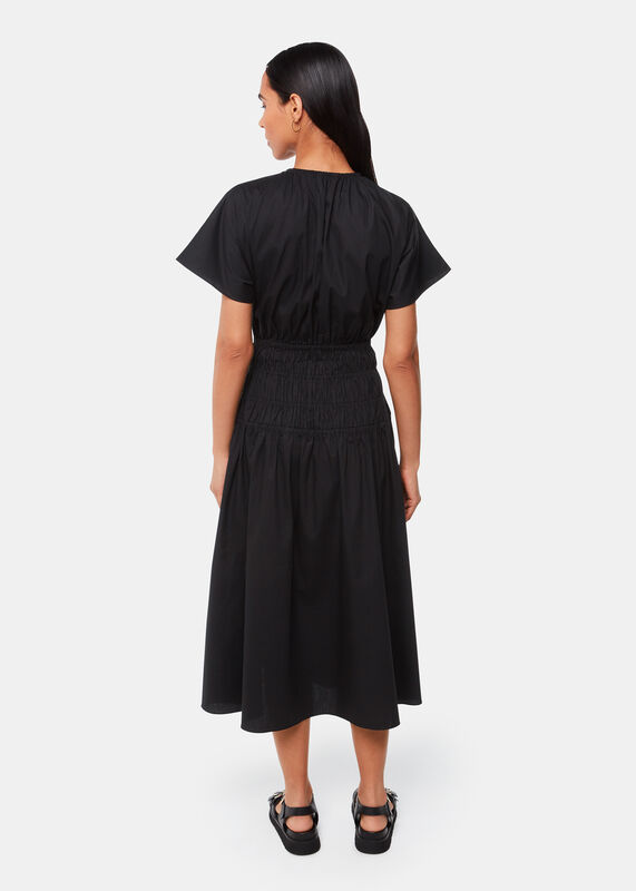 Black Poplin Shirred Dress