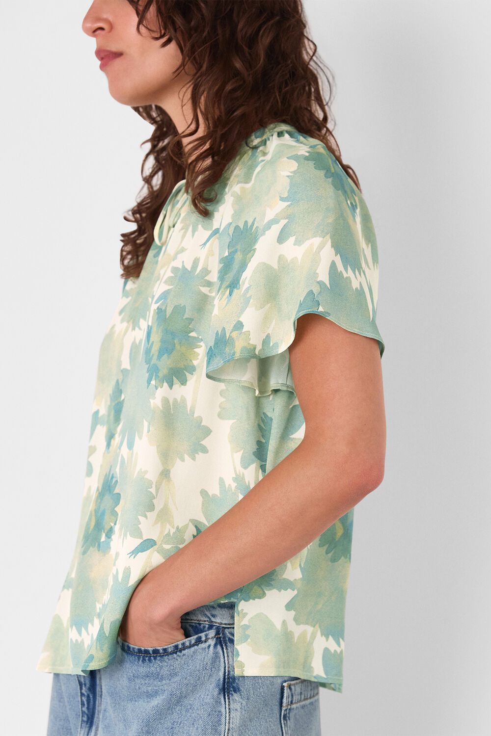 Blue Floral Tie Neck Blouse