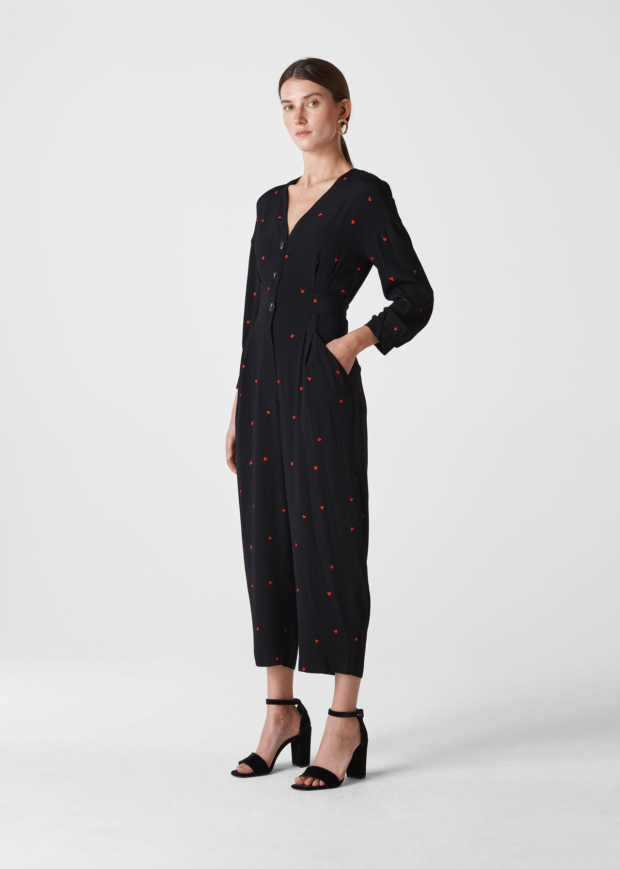 Heart Print Tie Jumpsuit Black/Multi