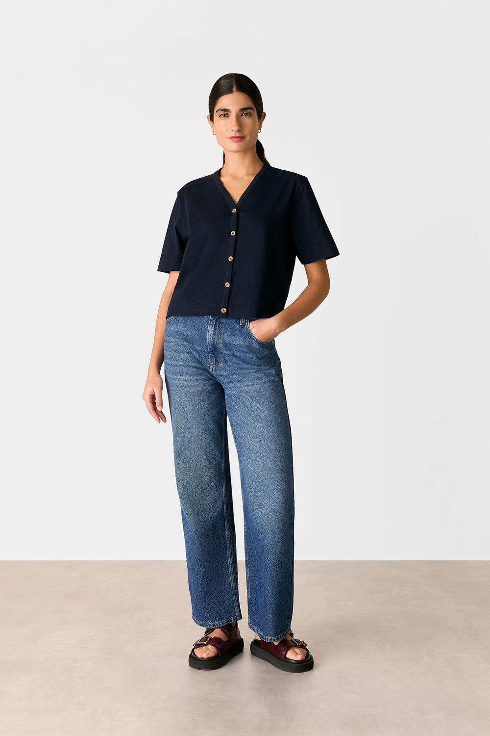 Navy Ella V Neck Button Through Tee
