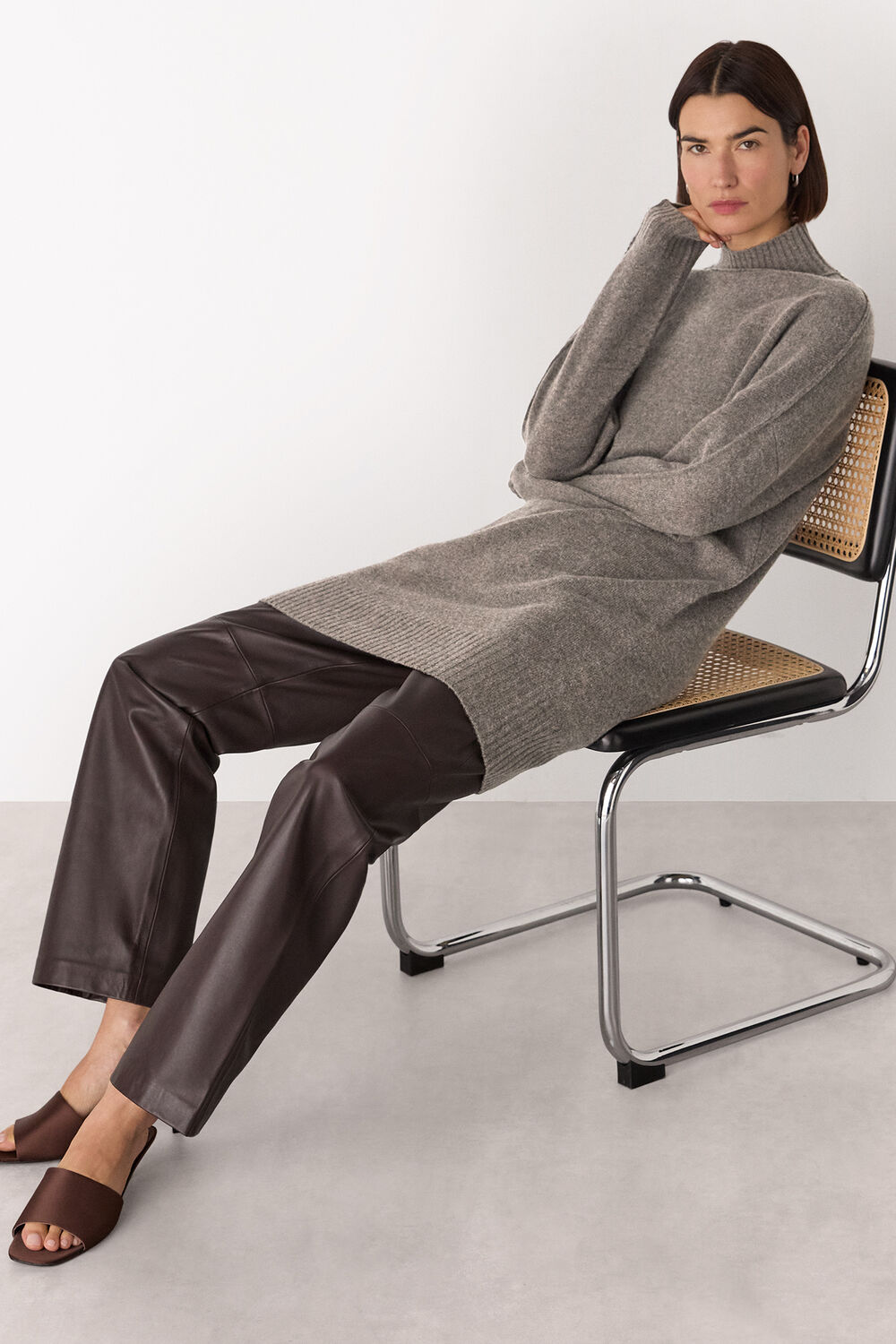 Taupe Funnel Neck Wool Mini Dress