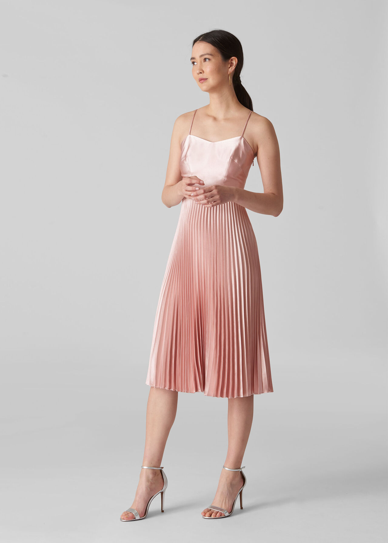 Pale Pink Satin Pleated Strappy Dress | WHISTLES | Whistles UK